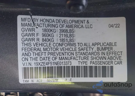 2022 Honda Insight Ex z USA, uszkodzony, nr VIN 19XZE4F51NE013373